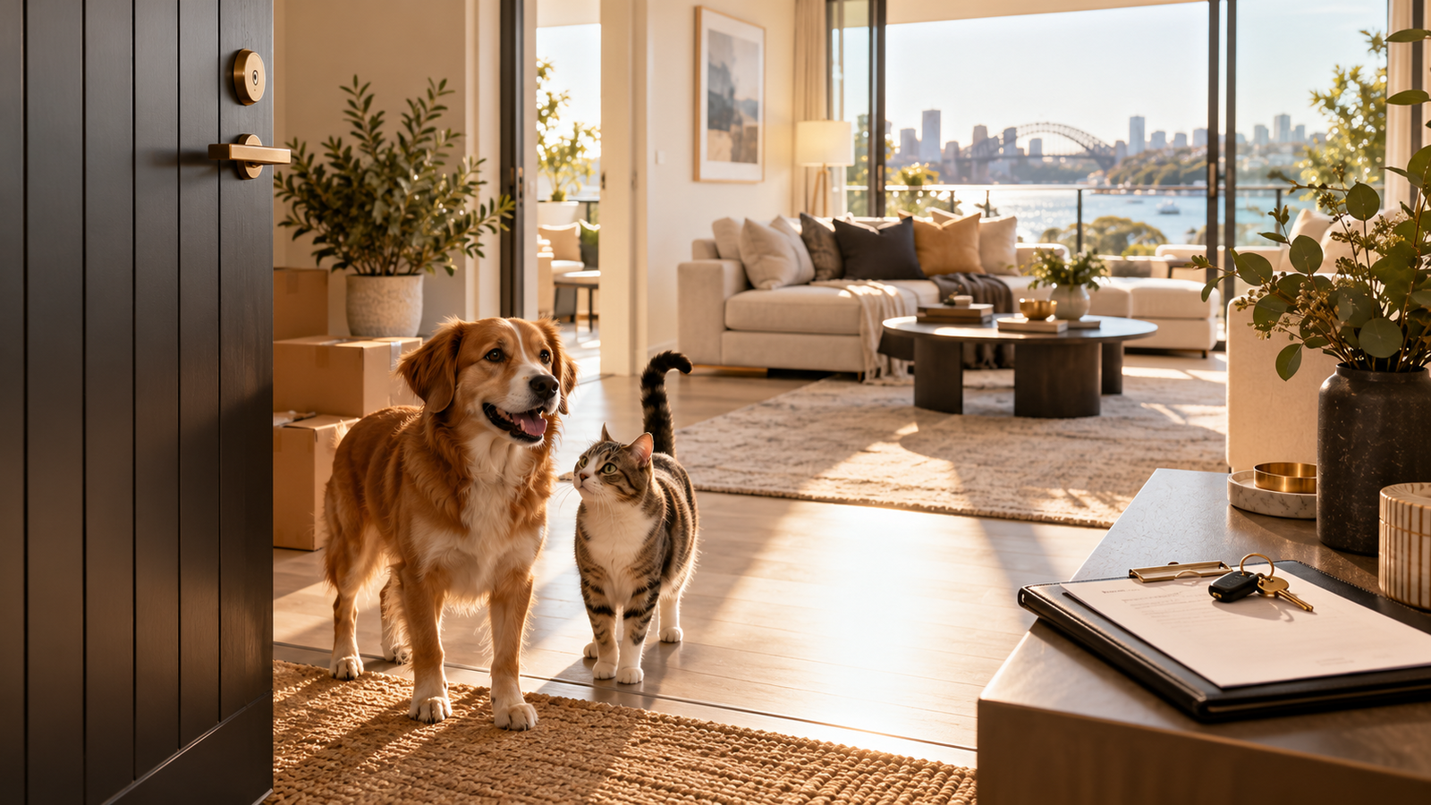 Dog and cat in a sunlit apartment entrance.