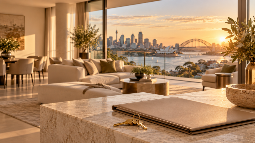 Illustrative apartment living area overlooking Sydney Harbour, with keys and a folder on a stone countertop.