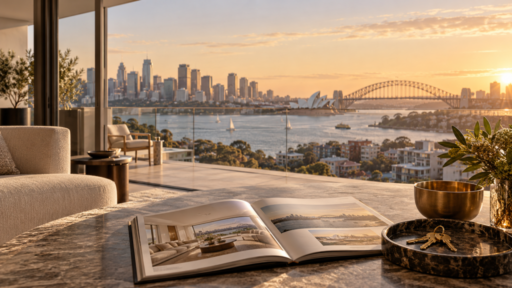Sydney Harbour outlook from an apartment interior.