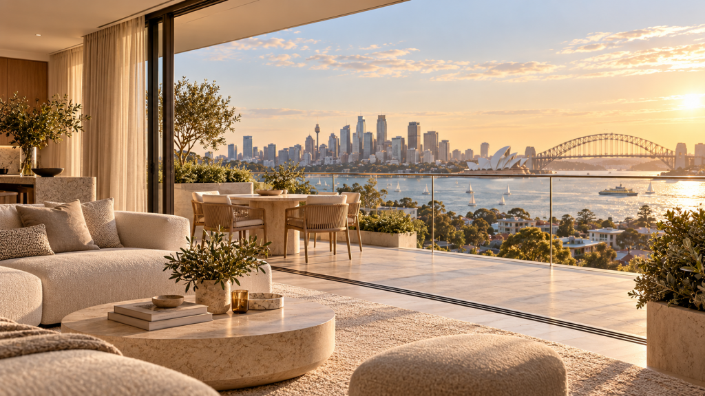 Illustrative Sydney Harbour outlook from an apartment living area, with the Opera House and Harbour Bridge at sunset.